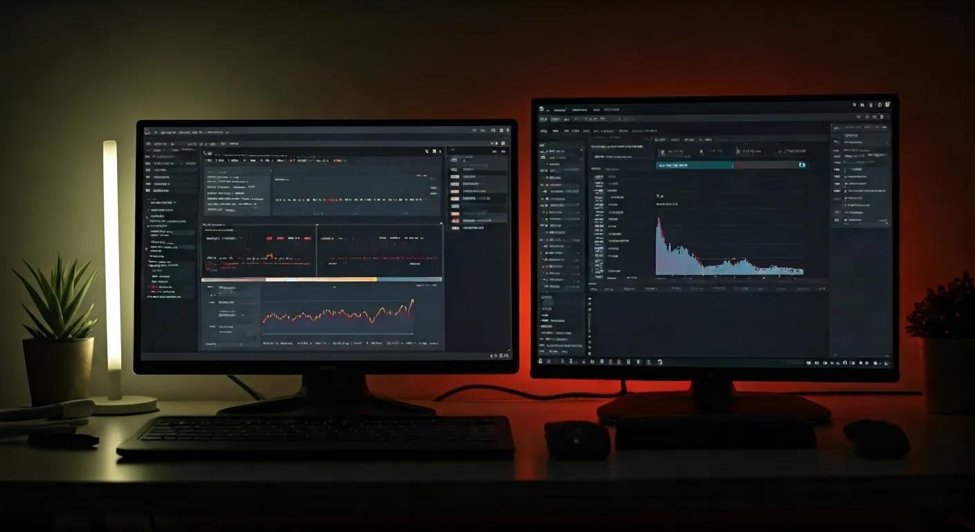 a dynamic workspace featuring a dual-screen setup displaying engaging blog and youtube analytics, illuminated by vibrant led lights, capturing the essence of digital content creation and passive income generation.