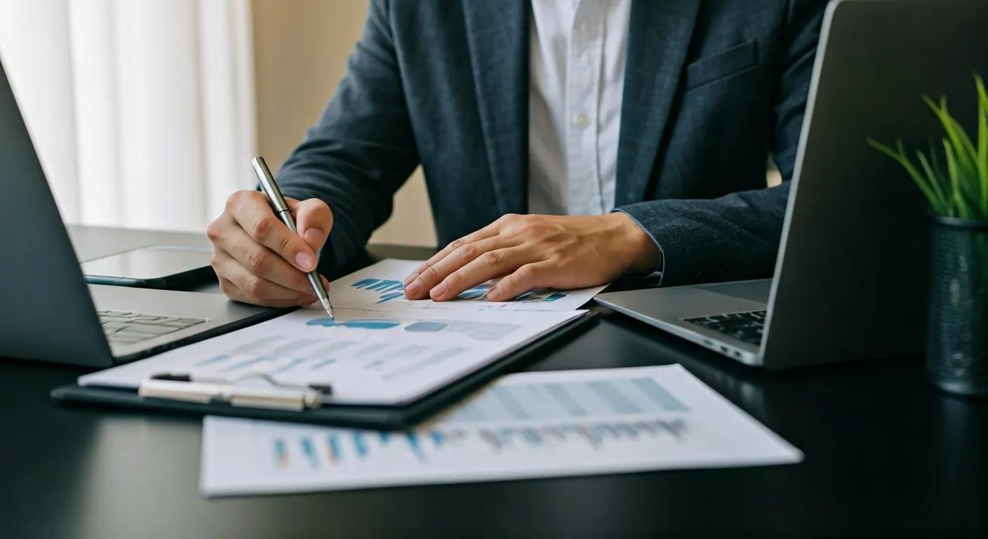 a focused entrepreneur sits at a sleek, modern office desk, surrounded by financial documents and digital devices, meticulously analyzing a budget spreadsheet while maintaining a vigilant watch on potential investment opportunities, conveying the importance of disciplined financial management in passive income ventures.
