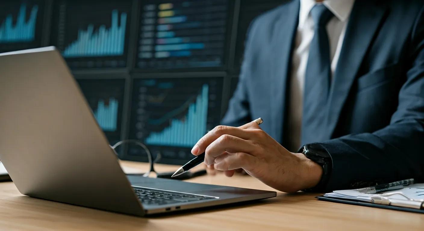 a focused business professional analyzes data on a sleek laptop at a modern office desk, surrounded by vibrant charts and graphs displayed on screens, representing strategic planning in affiliate marketing.