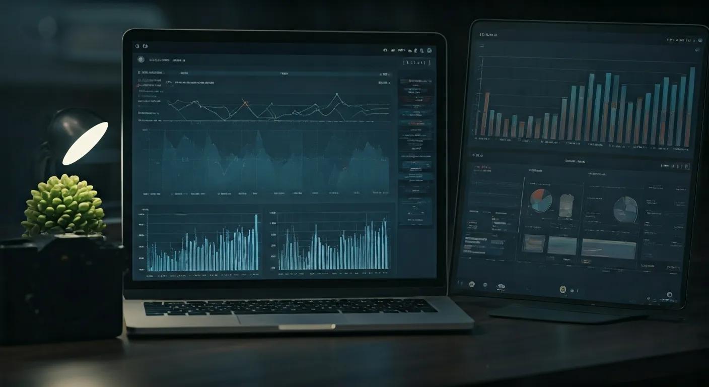 a sleek, modern office workspace showcases a diverse array of digital devices and charts on screens, highlighting strategic discussions on various online business models for generating passive income.