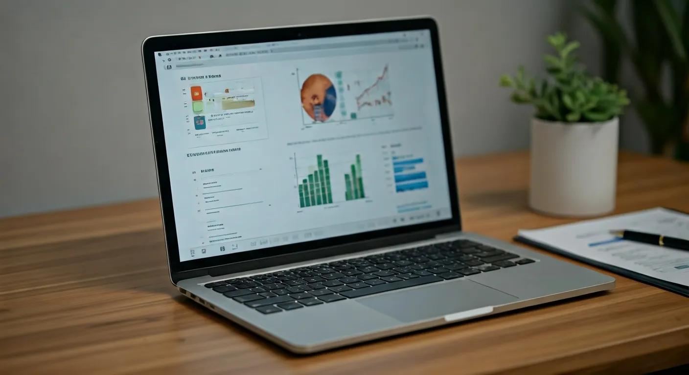a sleek, modern office workspace with an open laptop displaying various passive income models on the screen, surrounded by neatly organized documents and a thoughtfully arranged notepad, conveying a focus on strategic decision-making and financial empowerment.