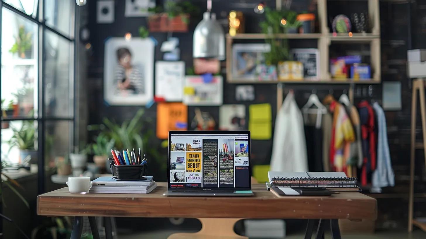 a dynamic urban workspace showcases a sleek laptop displaying a vibrant e-commerce website, surrounded by marketing materials and product samples, illustrating the strategic environment of launching a dropshipping business.