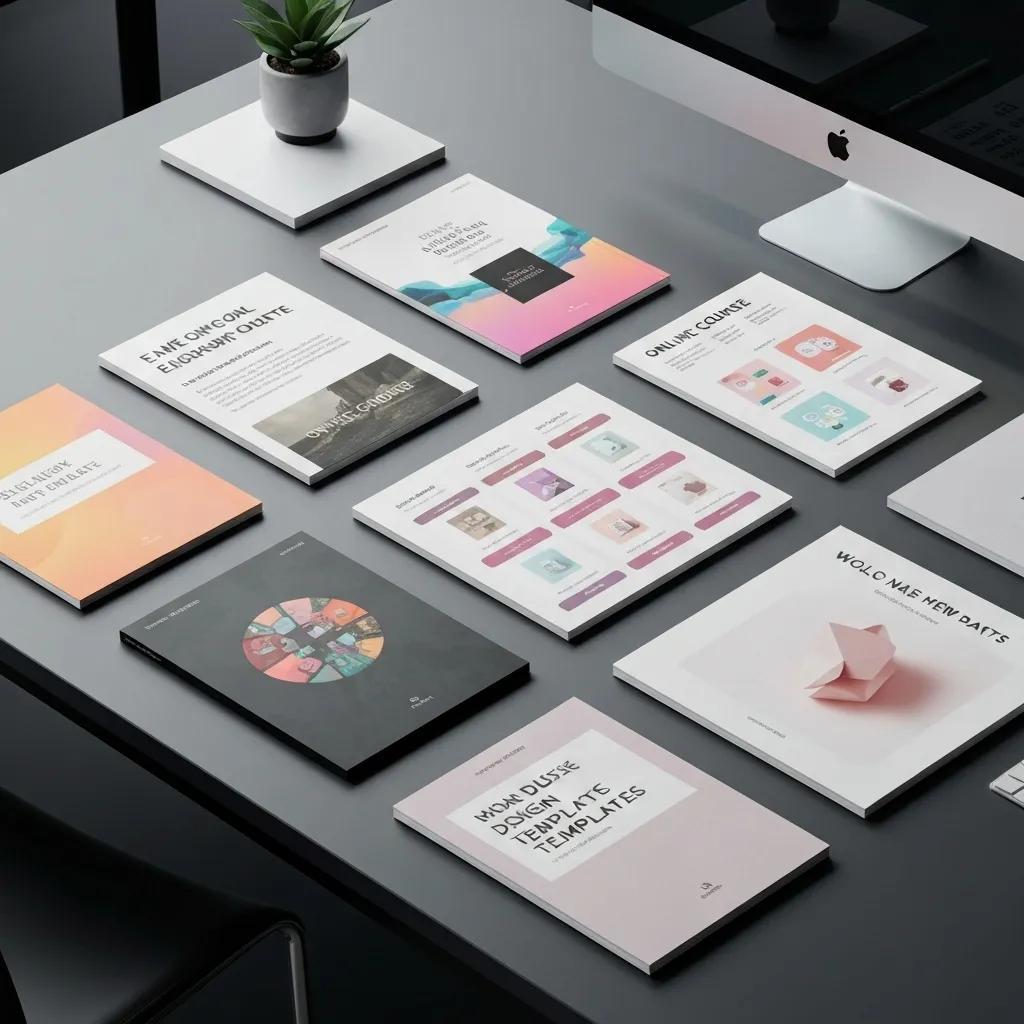 Collection of digital products including e-books and online course materials on a modern workspace