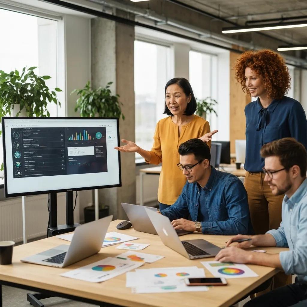 Diverse entrepreneurs collaborating in a modern workspace, showcasing online business models