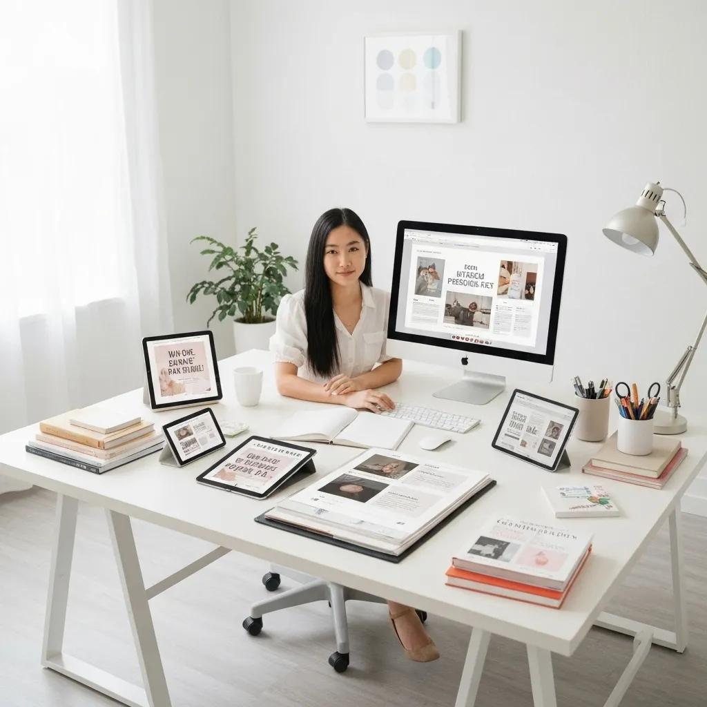 Diverse digital products including e-books and online courses arranged on a desk, representing passive income ideas