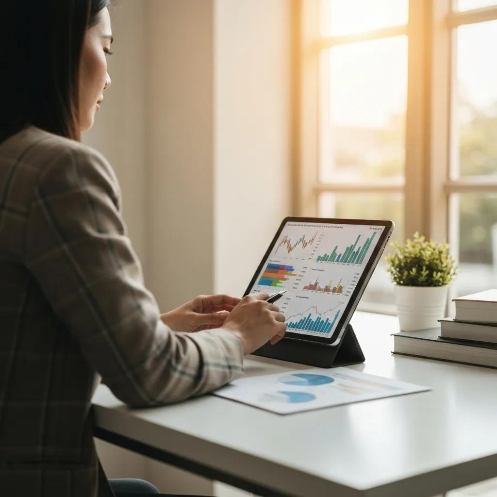 Person analyzing stock market data on a tablet in a home office setting