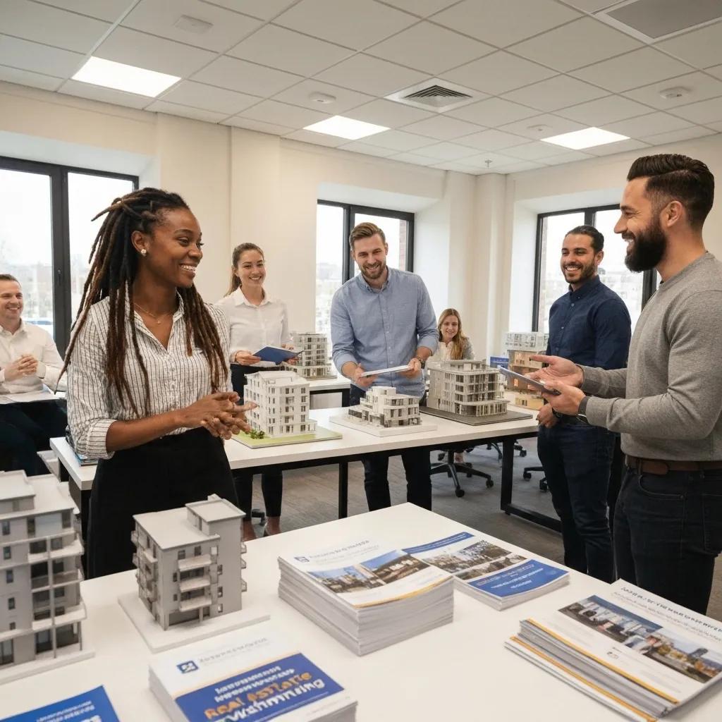 Group discussion on real estate investment opportunities in a modern office