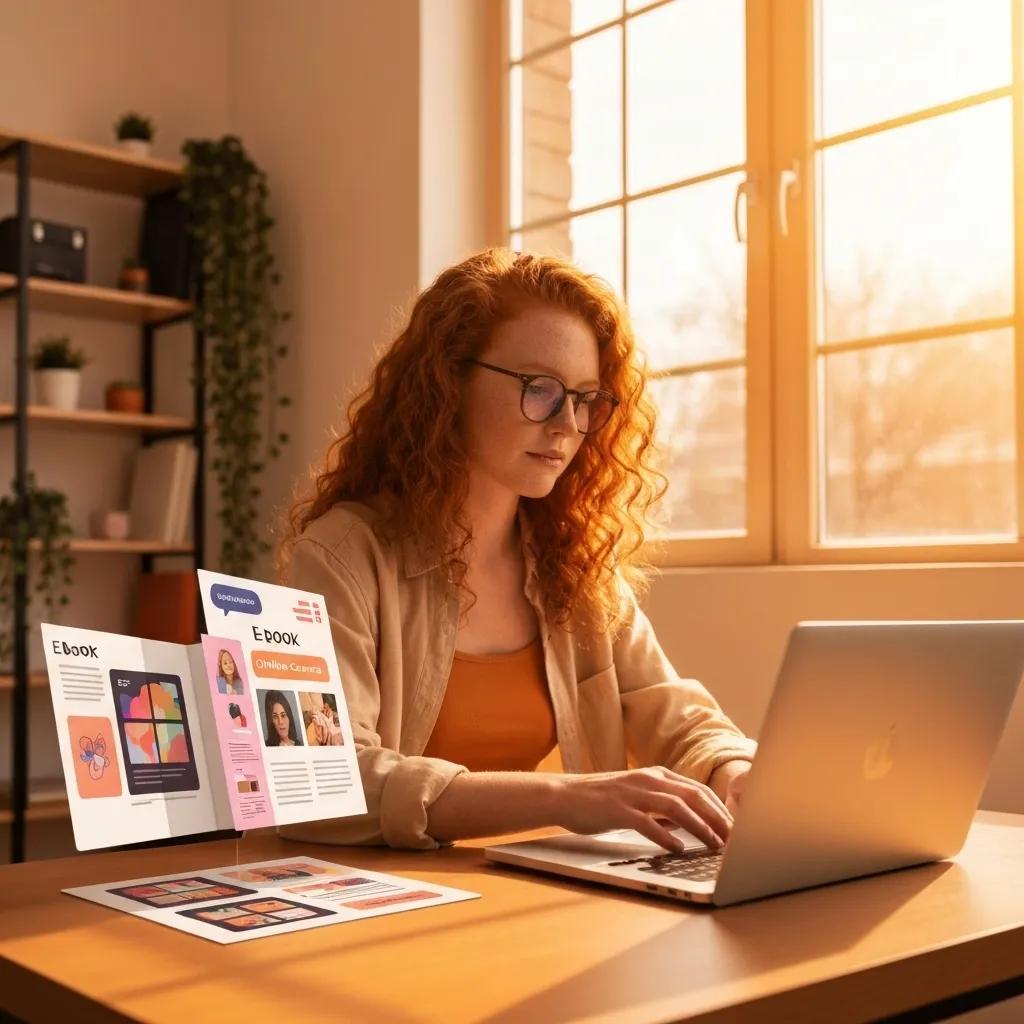 Person creating digital products on a laptop, surrounded by e-books and online course materials