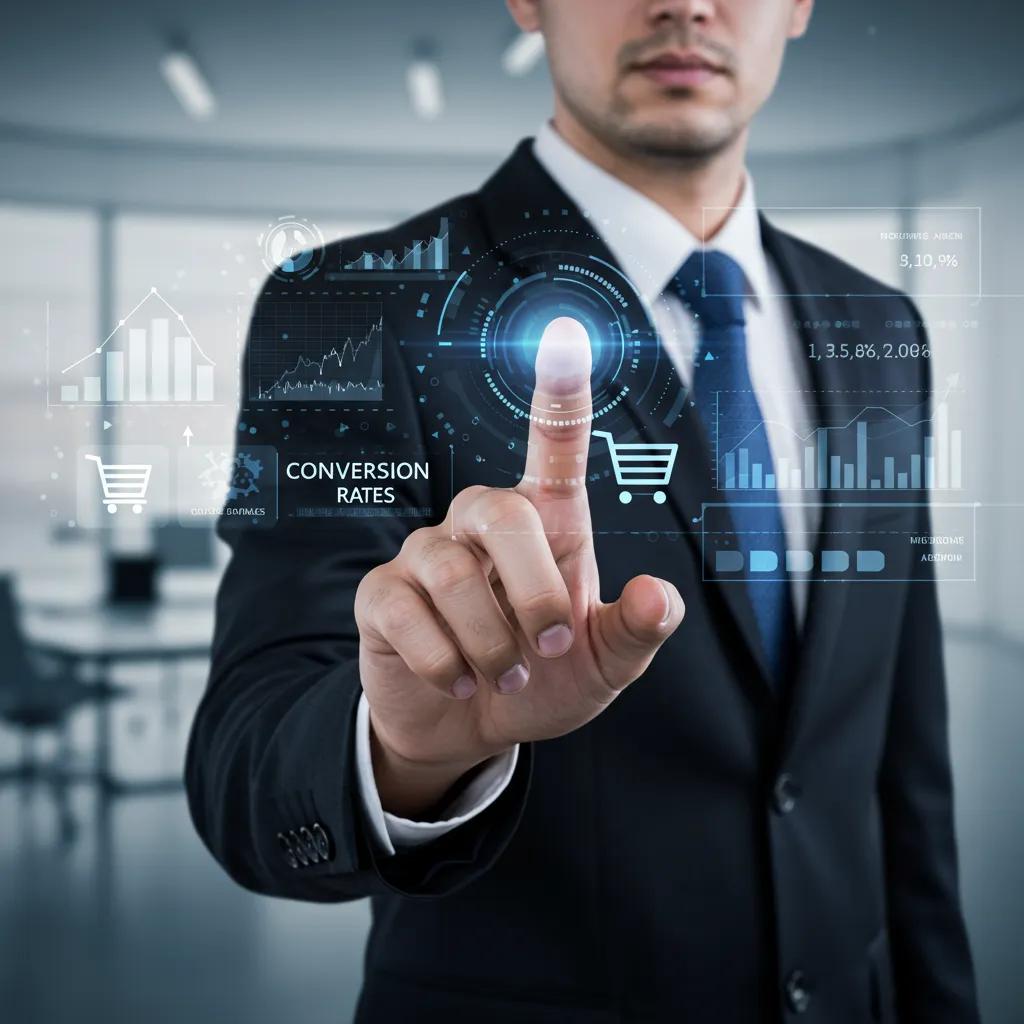 Business professional discussing eCommerce benchmarks on a digital screen