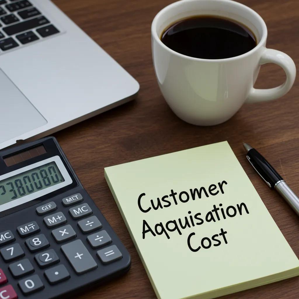 Calculator and notepad on a desk representing Customer Acquisition cost calculation