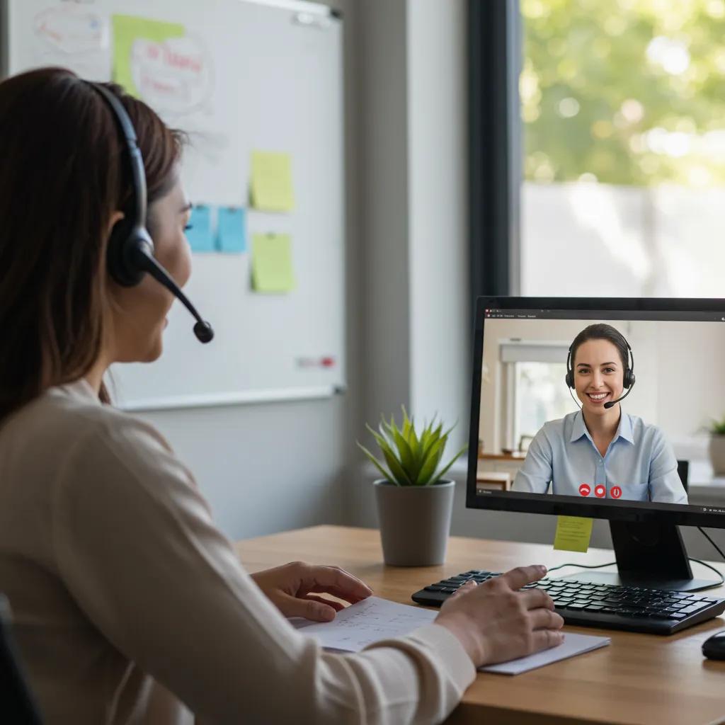 Customer service representative engaging with a satisfied customer over a video call