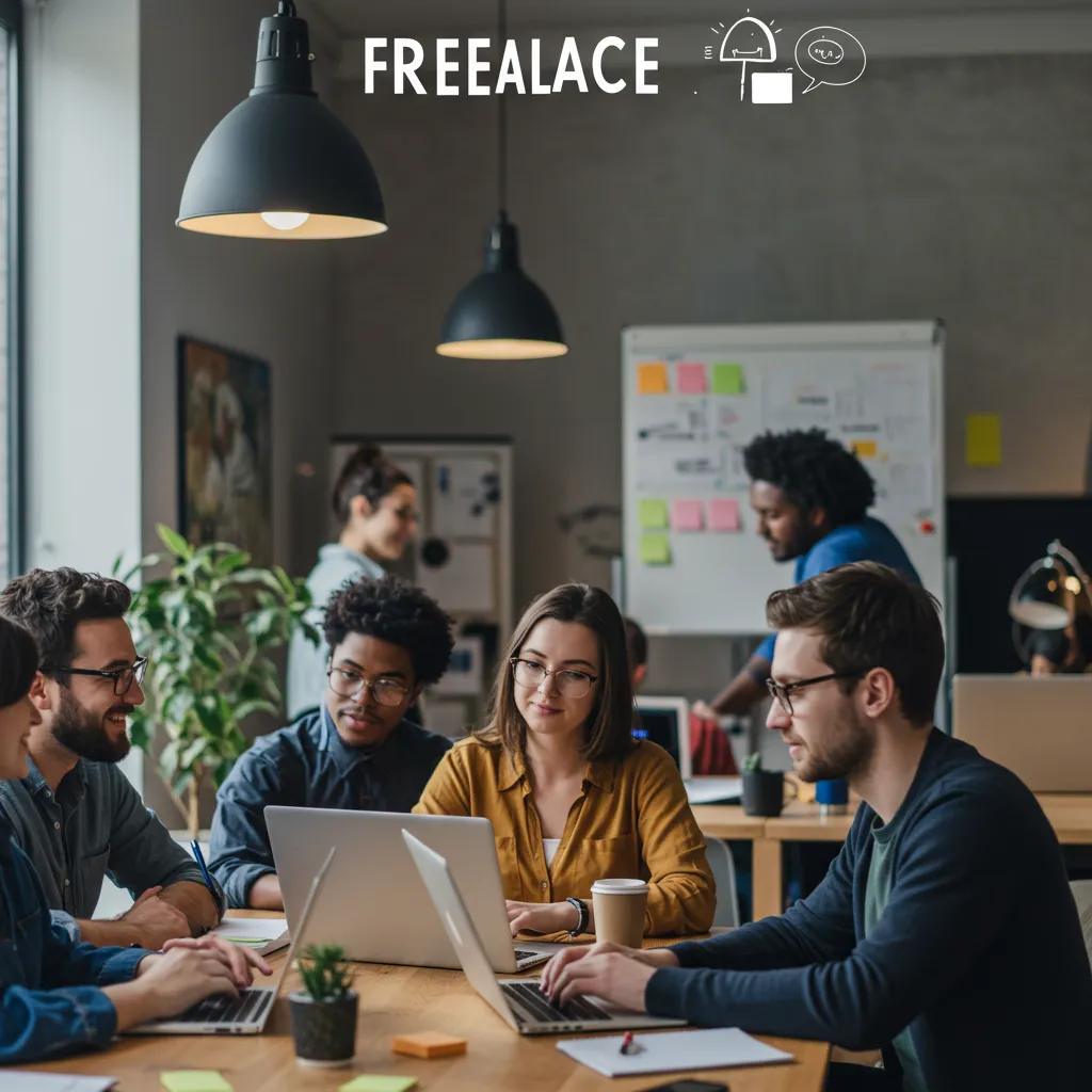Diverse freelancers collaborating in a modern workspace, highlighting the essence of freelance success