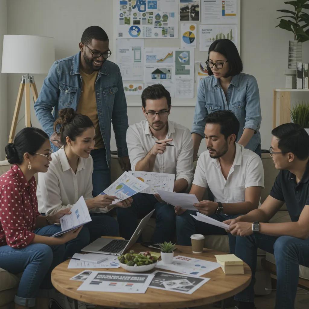 Group discussing real estate investment strategies in a modern living room, highlighting sustainable passive income