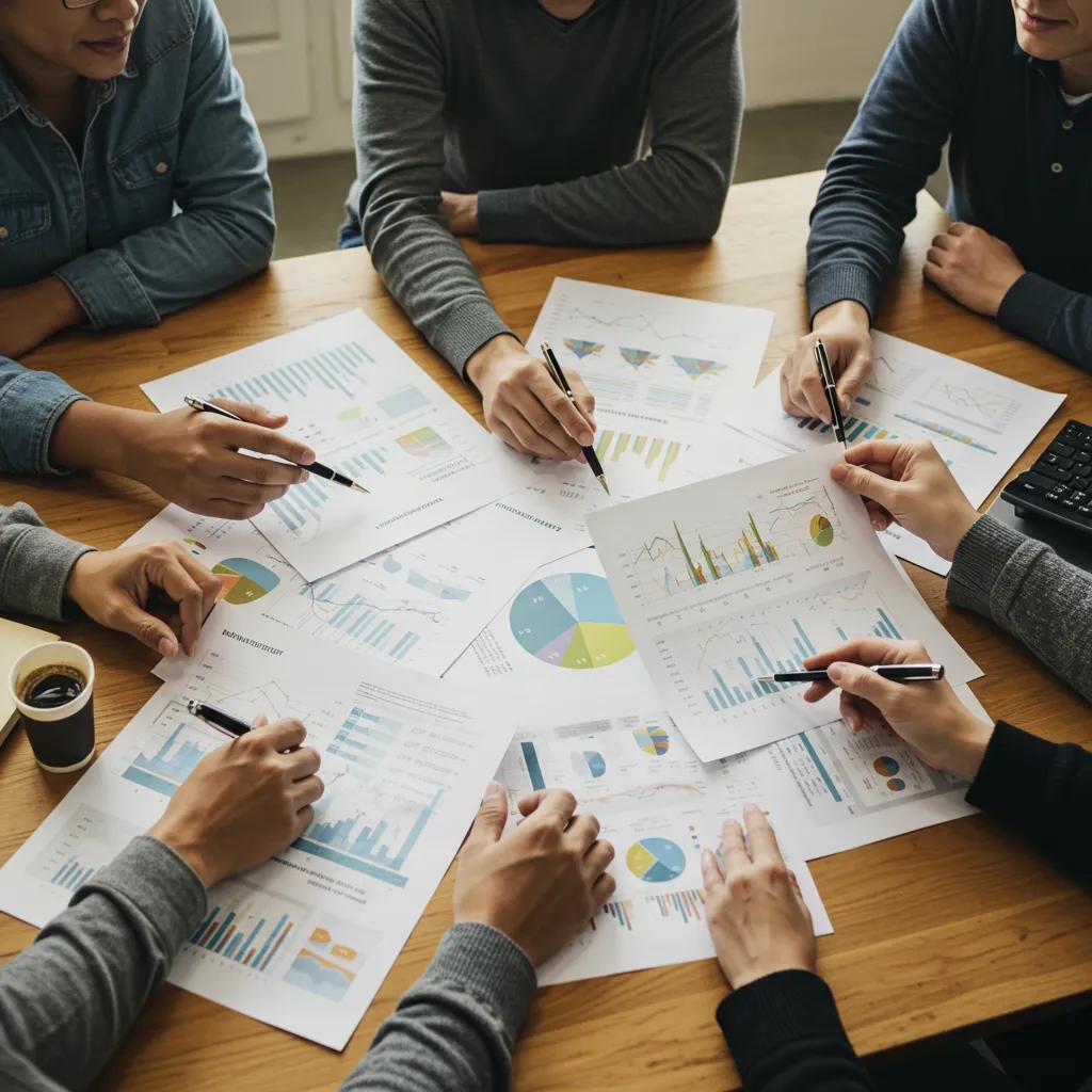 Group discussion on investment options with charts and a laptop