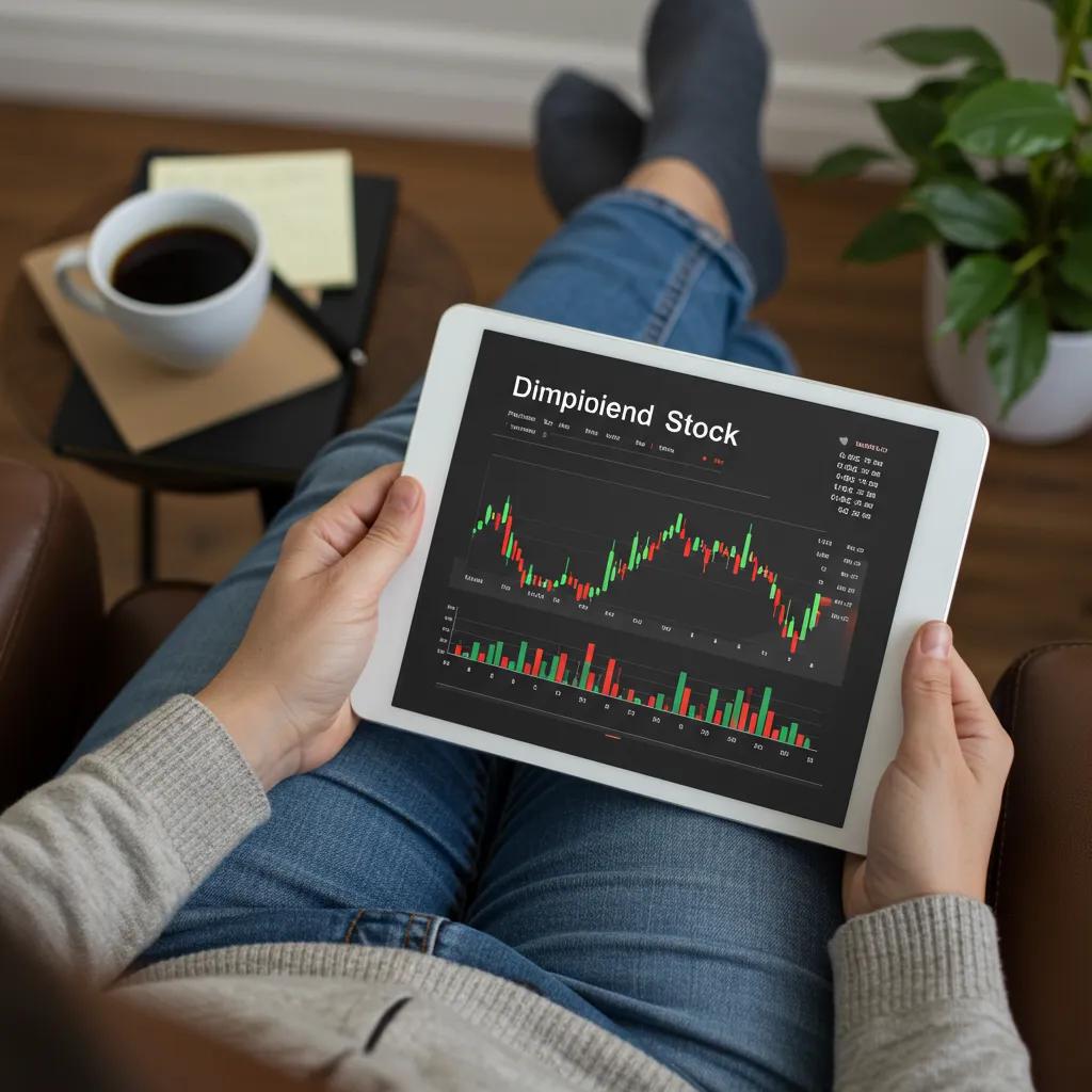 Individual reviewing dividend stock reports in a cozy setting