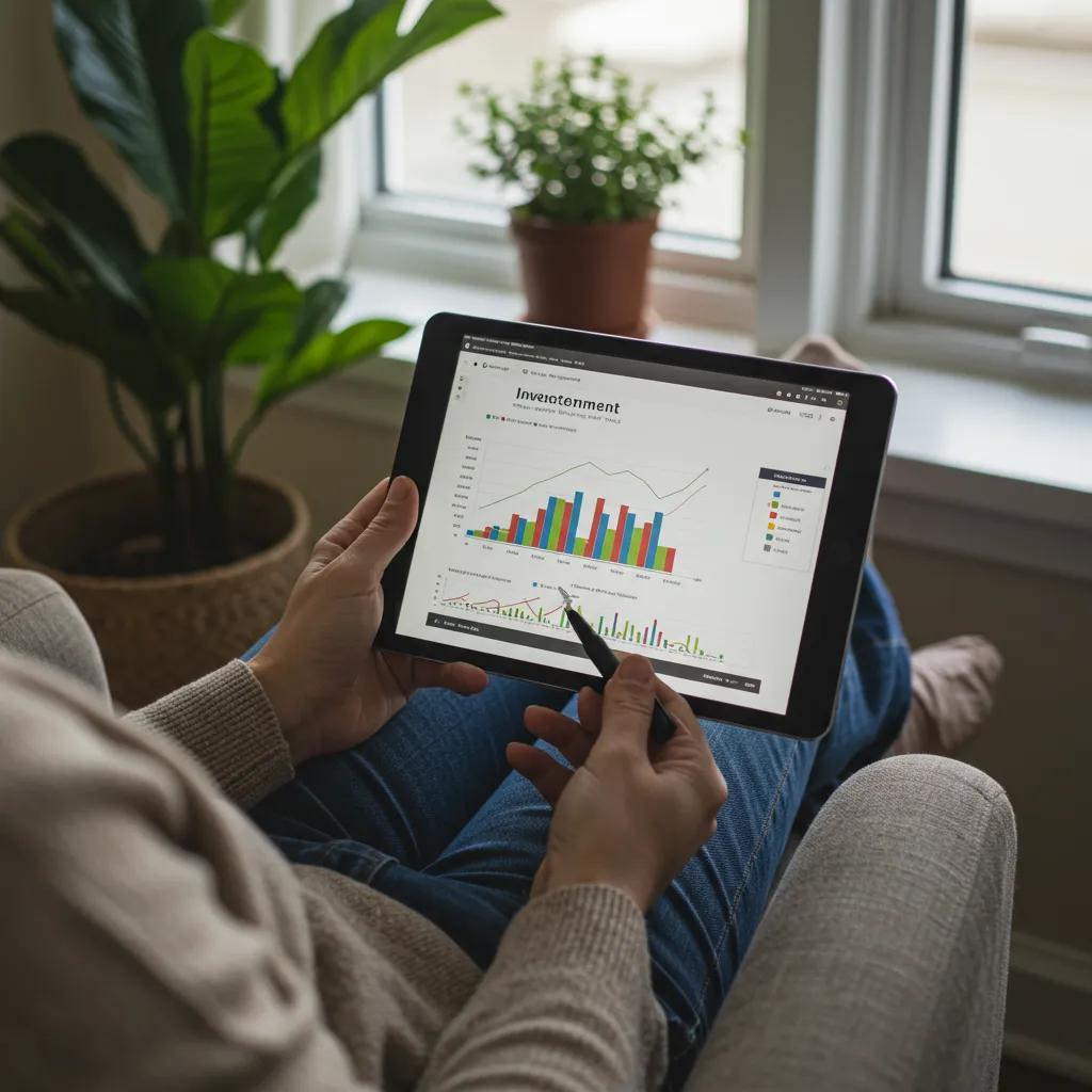 Individual reviewing investment portfolio on a tablet in a cozy setting
