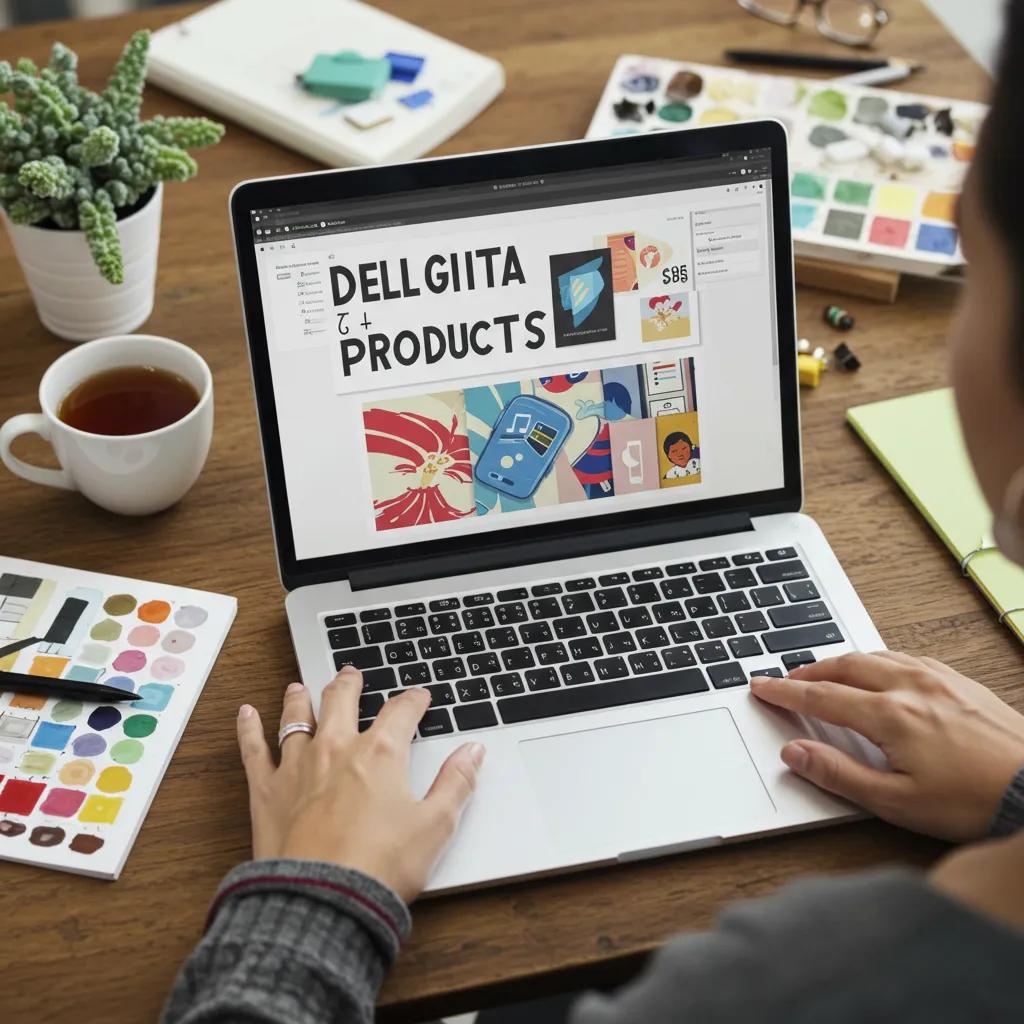 Person creating digital products on a laptop, representing the process of selling online